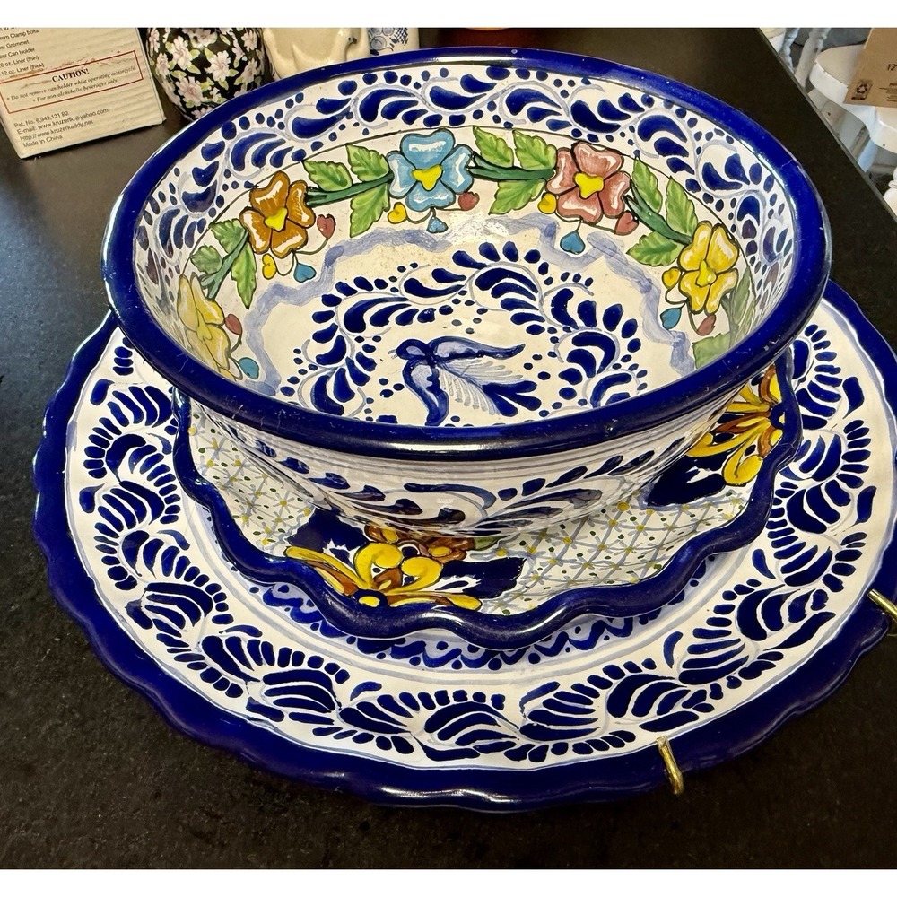 Talavera Puebla Mexico Hand Painted Bowl & 2 Plates Platter Set Blue Floral